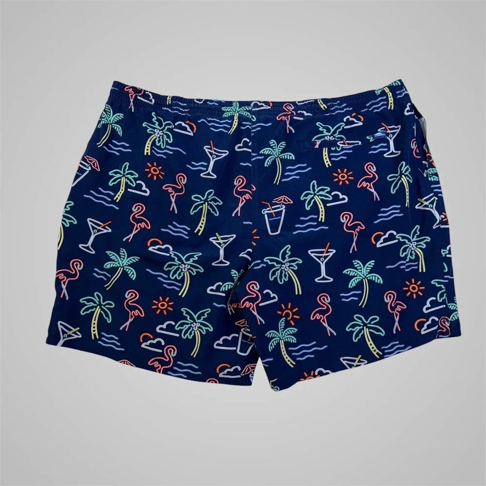 Chubbies Mens Navy Blue Neon Flamingo Palm Tree Print Swim Trunks Mesh Liner 3XL